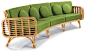 Cap Martin sofa in rattan and brass with green linen upholstery by India Mahdavi. 