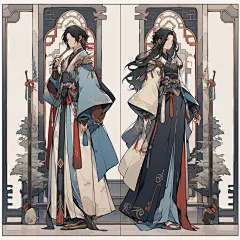 AI俊美国风角色设定素材 卡通动漫人物服装设计参考 古风插画临摹-淘宝网