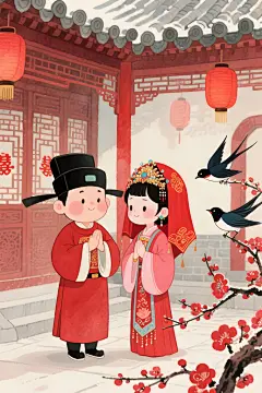 中国风古风汉服夫妻结婚人物七夕插画