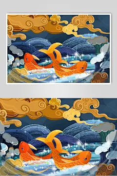 蓝金手绘高端大气简约风中国风插画