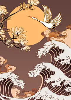 日式卡通手绘浮世绘风格插画手机壁纸psd模板