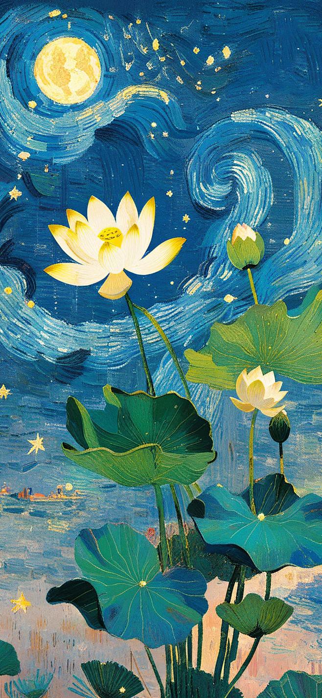 荷塘月色插画壁纸 梵高星空下的荷花