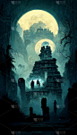 玛雅人风格的万圣节主题鬼魂之间在漆黑的夜晚3D插图