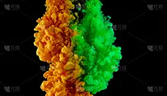 黑色背景上的绿色和橙色墨云