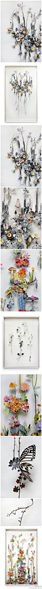[] 环球品汇#汇设计#这些美轮美奂的花卉拼贴作品都是用了干花或者假花制作而成的，制作者是来自美国的安妮。安妮于2007年毕业的Utrecht school of The Art' (NL) direction 方向的3D产品设计专业。破损的蝴蝶，碎裂的树枝，一只大黄蜂，一些奇怪的杂草。通过艺术创作，她可以创造属于安妮的自己的故事。来自:新浪微博@北坤人素材