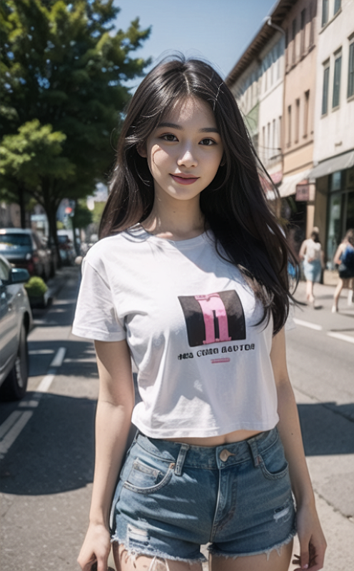 02683-993071570-1 sweet girl, solo, upper body, t-shirt, denim shorts ...