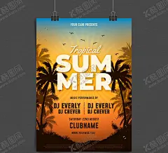 创意椰子树热带派对海报矢量图 【酷图网】夏季,创意,椰子树,热带,派对,传单,海报,岛屿,俱乐部,海鸥,网址,时间,夹子,矢量图
