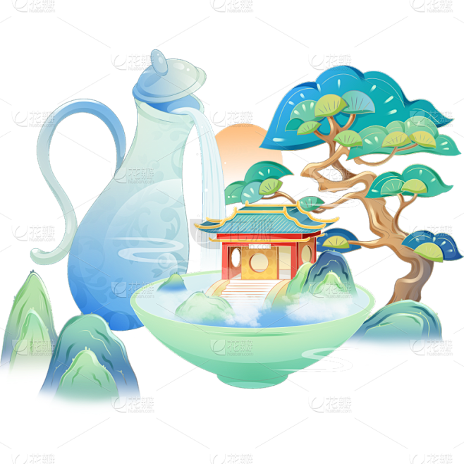 重阳节九月九日国潮手绘插画中国风中式建筑...