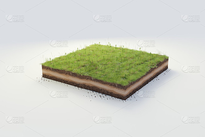 三维立体美丽草地与土壤地质剖面，三维插图地面生态隔离在白色背景素材-花瓣网