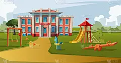 矢量漫画风格图解。学校大楼前面有孩子玩耍的地方.