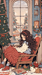 a scene in the style of ligne claire, Vintage French-style study room, Christmas, a girl and a cat, line art, cartoon illustration