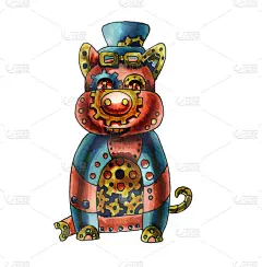 猪，是中国生肖中2031年新年的东方图。孤立在白色背景上的机械动物。蒸汽朋克机器人猪的水彩画