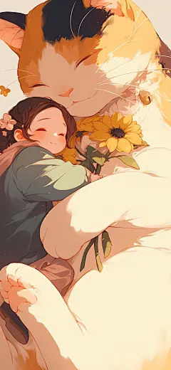小女孩与大猫咪 治愈卡通插画壁纸