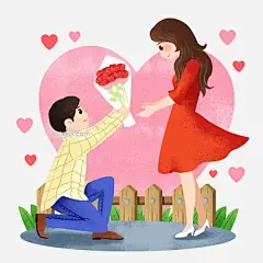 情人节求婚的情侣插画图片大小2000x2000px 图片尺寸2.65 MB 来自PNG搜索网 pngss.com 免费免扣png素材下载！红色的爱心#红色的鲜花#卡通手绘#漂亮的小女孩#情人节人物插画#求婚的情侣#