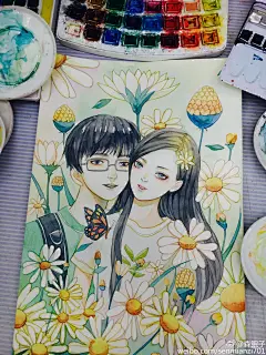 水彩画 手绘 插画 女孩 作者微博by 森眠子 小清新 少女心  花 童话 花花草草 步骤 教程 线稿 线条 水彩