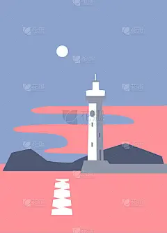 极简主义海景与灯塔，粉色日落在一个港口，矢量图形打印