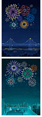 扁平浪漫城情侣市烟花夜空夜景公园天台户外屋顶插画PSD设计素材-淘宝网