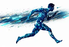 奔跑的矢量人，蓝色的波浪，抽象的PNG，动态点画风，以表演为