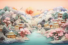 国潮长城地标剪纸风插画