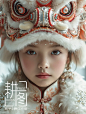 A 5yo chinese cute girl with a dancing lion on head, whiteand red,Symmetric facial,wearing Chinese Costumes, lridescenceclothes, pur white background