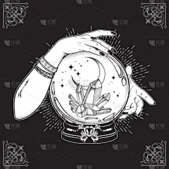 手画魔术水晶球与宝石和新月在手的财富出纳线艺术和点工作。波希米亚别致的纹身, 海报, 挂毯或祭坛面纱