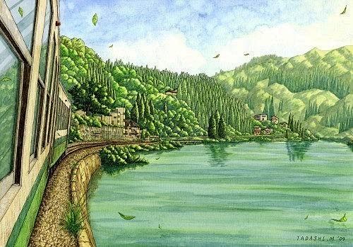 在列车上旅行，路旁樱花飞扬，人家三两。列...