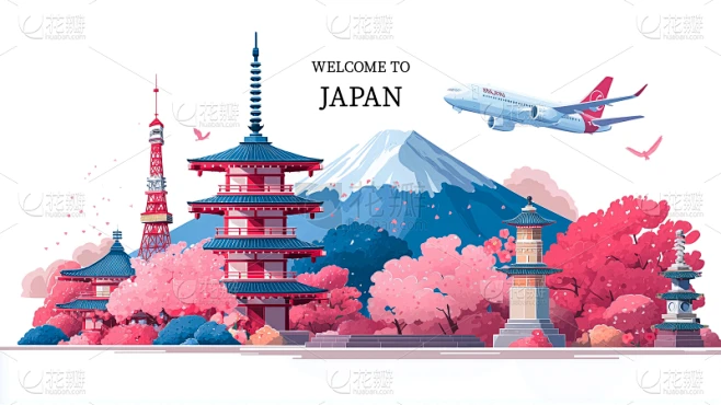建筑系列插画风日本地标建筑组合素材-花瓣网