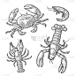 集海洋动物甲壳类。龙虾,蟹,虾。向量单色雕刻