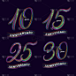 10、 15、 25、 30 周年的一套。手写字体数字.