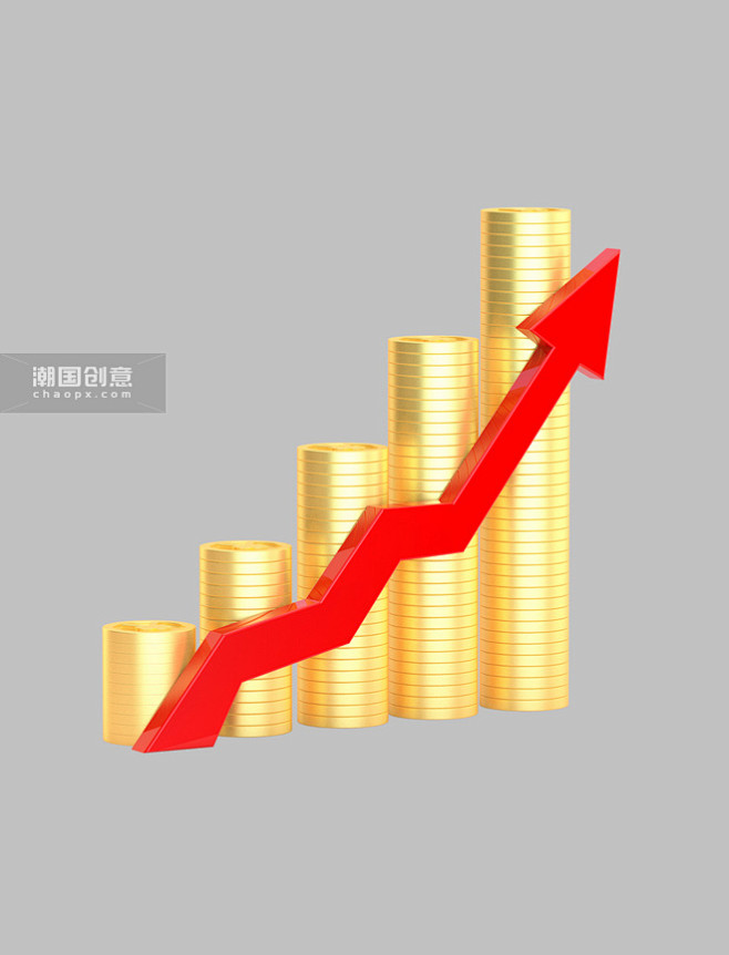 理财投资C4D立体金融上升箭头金币柱状图...