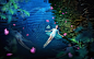 女孩躺在池塘里的水，蓝色，夜间 壁纸 - 1920x1200