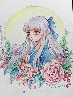 水彩手绘 吴竹耽美绘制 花与病娇娘 少女omiz