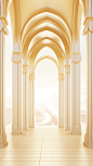 beautiful golden architecture building room interior illustration, in the style of arched doorways, opaque resin panels, 32k uhd, light yellow and light white, combining natural and man-made elements, art deco designer, rim light