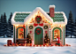 3d render of a whimsical Christmas dog house, winter outside, festive, red and green color scheme, Christmas lights,