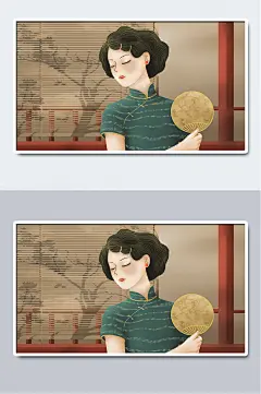 摇扇民国风旗袍手绘插画