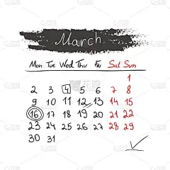 手绘日历2015年3月。向量。