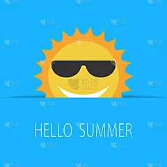 矢量乐趣闪亮的背景与书面文本“你好夏天”。明亮的海报与太阳和太阳镜在蓝天的背景