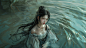 An ancient Chinese beauty stands in the water, posing in a dynamic pose, her gorgeous gauze skirt sticks to her skin, water drops slip off her pale skin, attractive beauty, flirty expression, gorgeous eyes, elegant face, by Yoshitaka Amano and Ross Tran, 