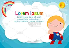 超级英雄小孩的背景。广告宣传册模板，你的文字。可爱的小超级英雄儿童。孩子和框架，孩子和框架。向量