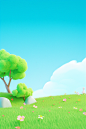 grassy landscape with trees, flowers and grass, in the style of minimalist objects, rendered in cinema4d, adorable toy sculptures, minimalist backgrounds, vibrant cartoonish, high resolution, 20 megapixels