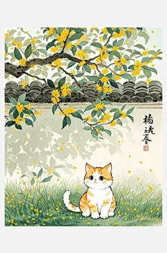 水墨插画庭院桂花树下一只小奶猫草