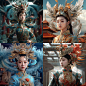 穿着中国风服装的女孩，服装上有龙，山海经，半透明镭射服装，头饰精致，炫丽背景，高清，3D，OC，C4D