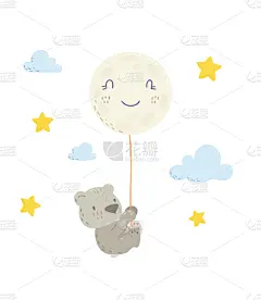 可爱的,绘画插图,矢量,举起手,平坦的,泰迪熊,请柬,贺卡,背景分离,云