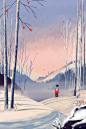 治愈少女插画冬季雪景