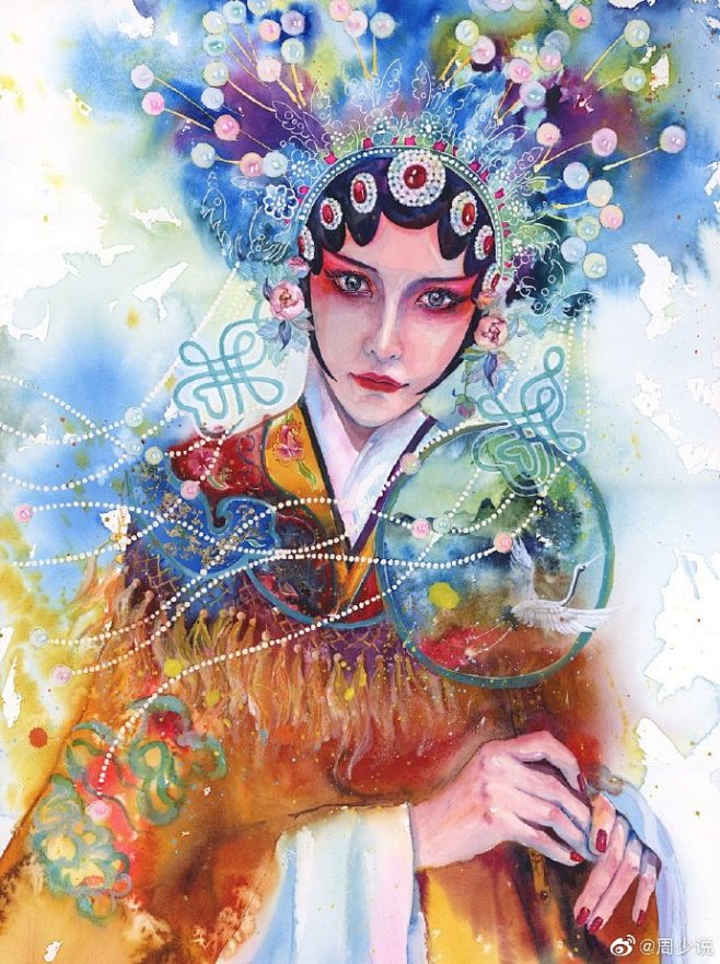 #国学新青年# 水彩古风人物插画，太美了...