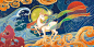 中国风手绘五色鹿国潮动物海浪祥云纹样原创插画素材背景