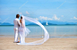 美丽的婚纱在海滩上的夫妇