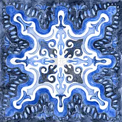 水彩画西班牙瓷砖与手绘几何和花卉靛蓝装饰地中海马约利卡陶瓷绘画风格。墙纸décor，蜡染，地毯印隔离