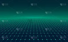 抽象透视绿色网格。复古的未来主义霓虹线在黑暗的背景，80年代的设计视角扭曲平面景观交叉霓虹灯和激光束