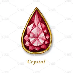 红滴水晶在一个金框架。手绘水彩钻石。白色背景上孤立的奢侈品。明亮的彩色宝石。